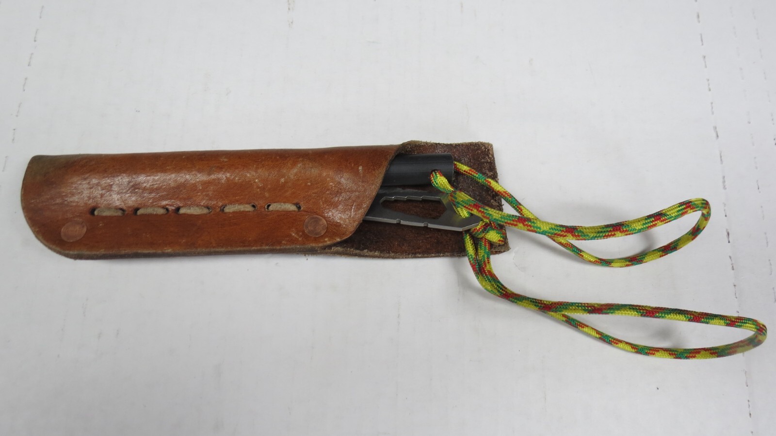 UCO MULTI SCREWDRIVER TOOL W/ FLINT ON STRING-LEATHER SHEATH- HANDY !!!