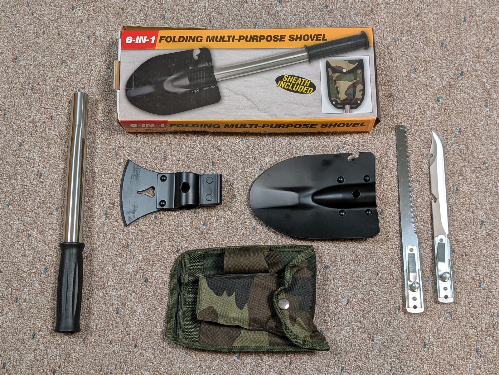 6-IN-1 FOLDING MULTI-PURPOSE SHOVEL Set, BK1908, Camping, Hunting, Sheath & Box