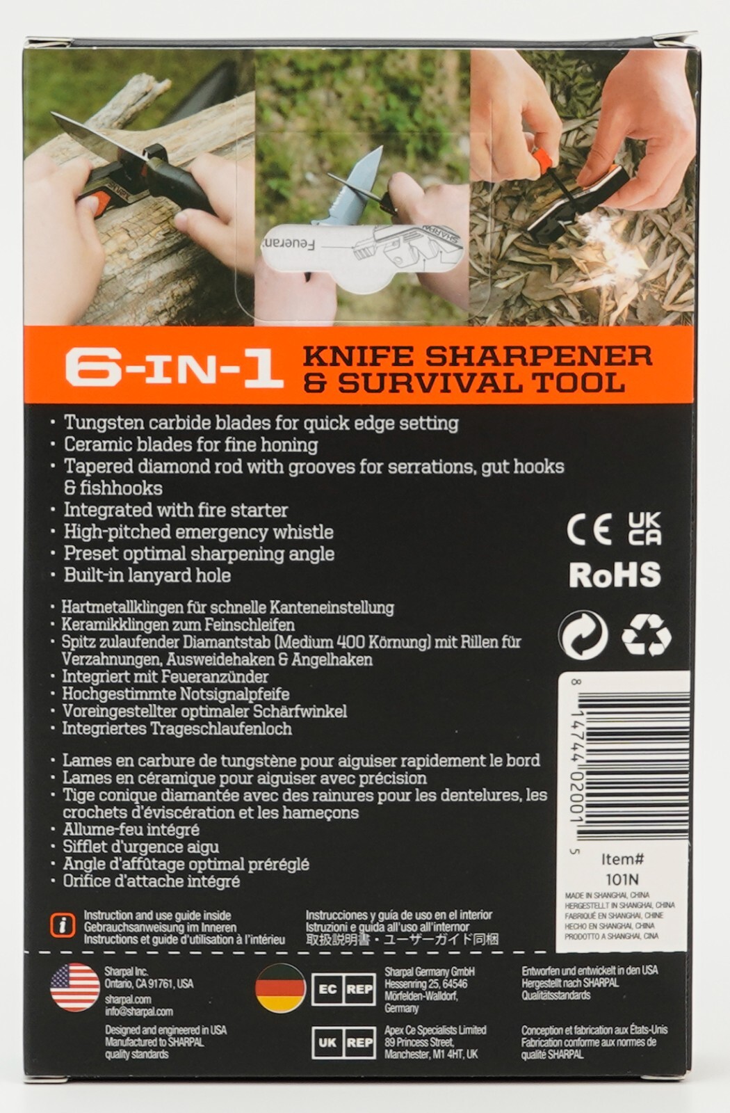 SHARPAL 6-In-1 Pocket Knife Sharpener&Survival Tool, with Fire Starter, Whistle