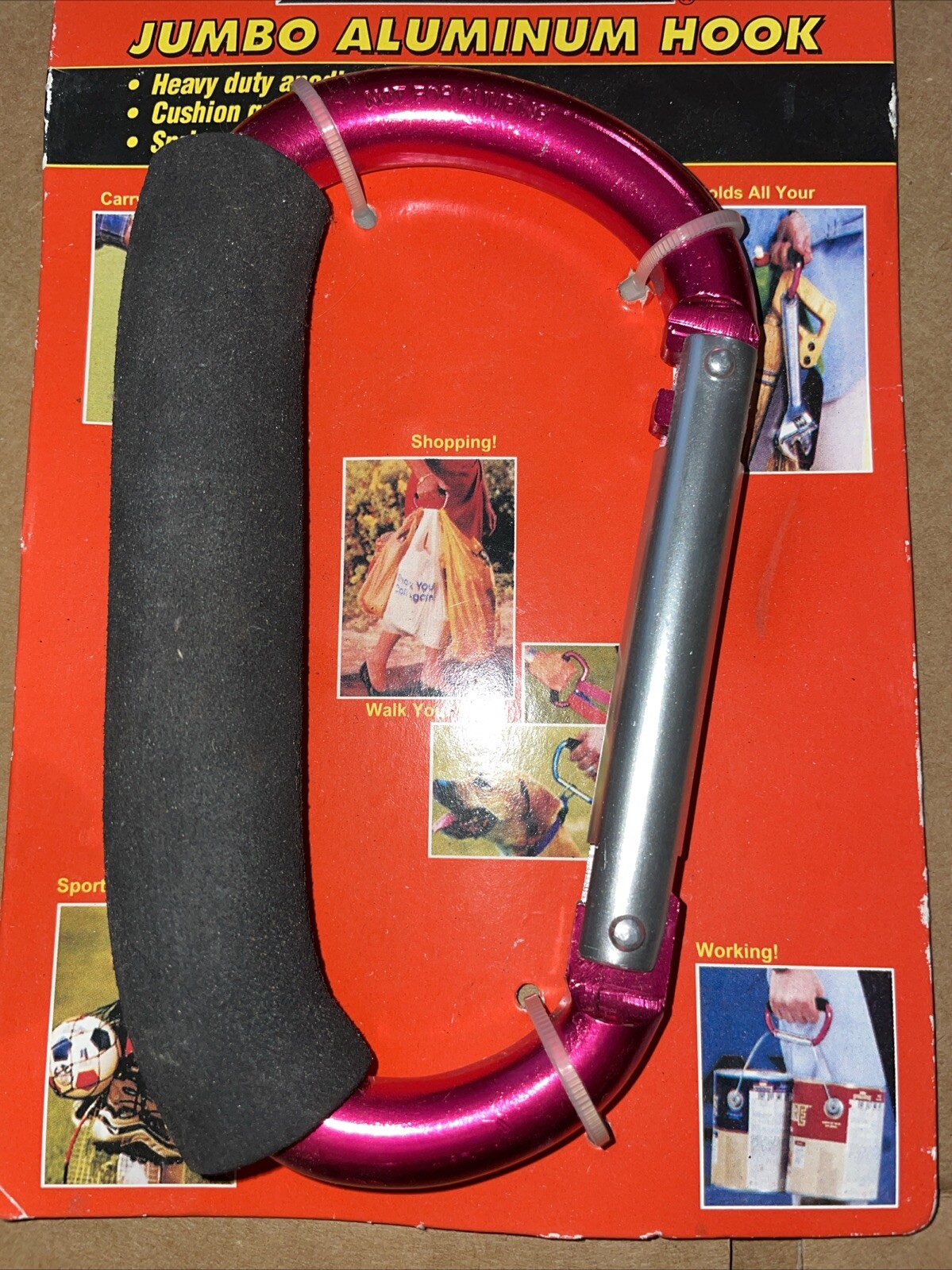 Heavy Duty Anodized Aluminum Jumbo Multi Use Hook. Cushioned grip. Spring loaded