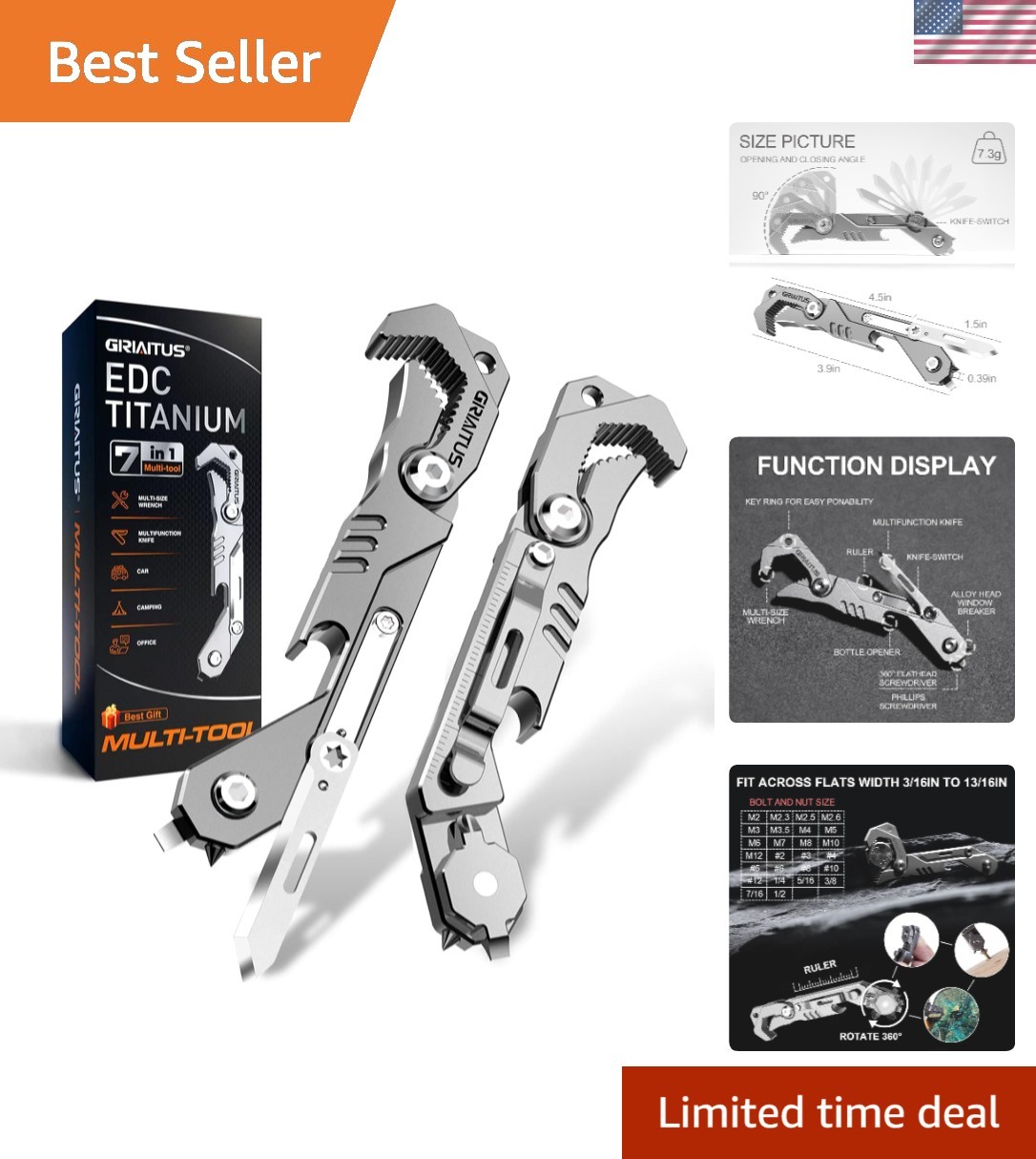 Versatile 7-in-1 EDC Pocket Tool: Knife, Screwdriver, Window Breaker in Silver