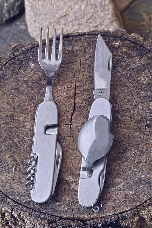 Hobo Camping Pocket Knife Fork & Spoon Can & Bottle Opener Cork Screw Utensil