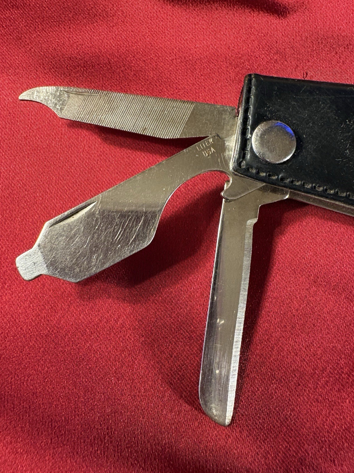POCKET TOOL with Leather Holder: Screw Driver, Bottle Opener, File, Knife