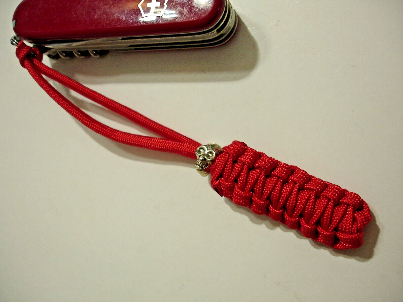 HANDMADE (by me) RED 550 PARACORD KNIFE LANYARD SILVER METAL SKULL BEAD USA MADE