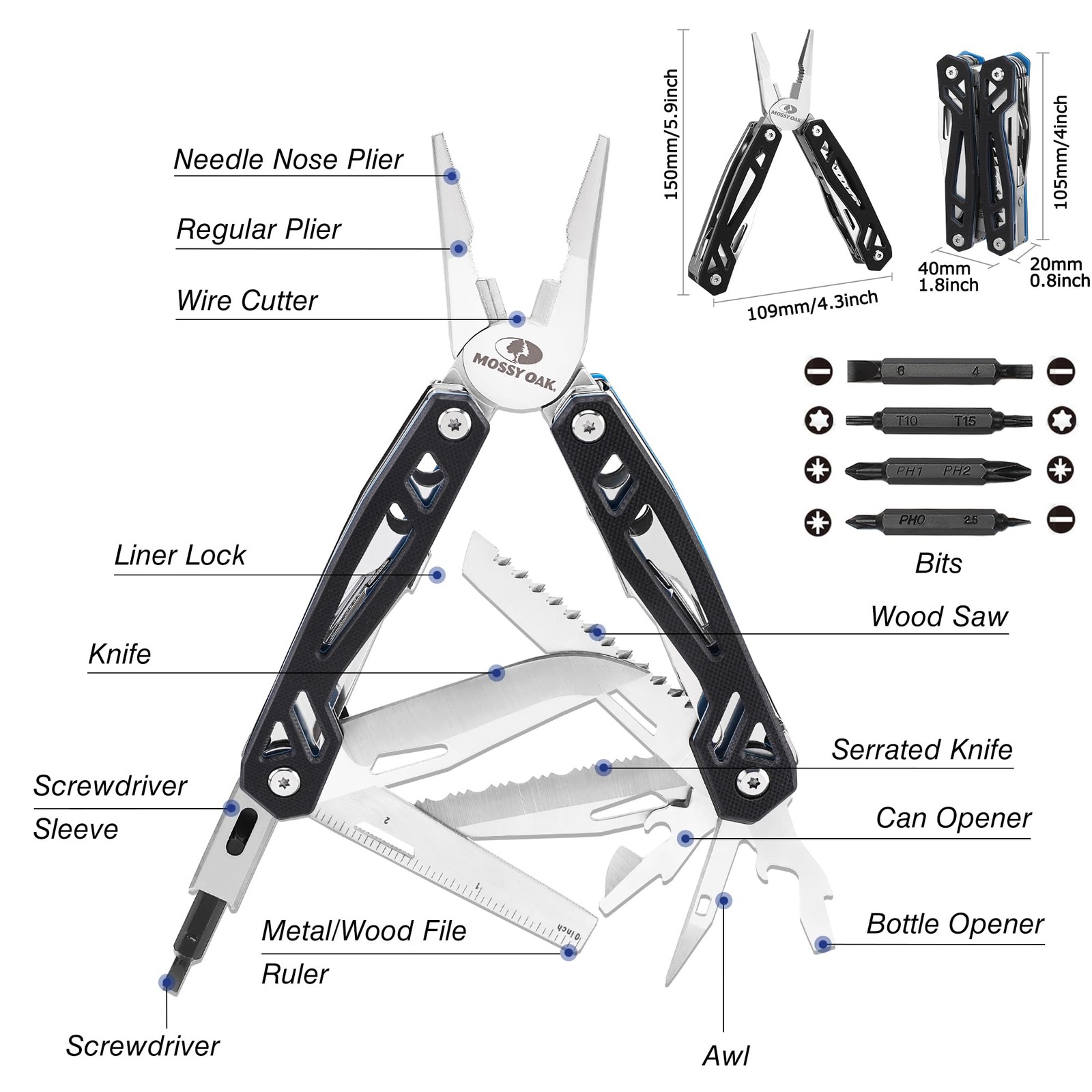 21-in-1 Multitool: Stainless Steel Pocket Knife, Pliers, Screwdriver, Sheath