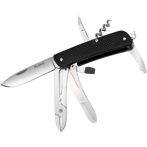 RUIKE M41B Medium Satin Folding Knife – Black G10 Handle, 18-in-1 Multi-Tool