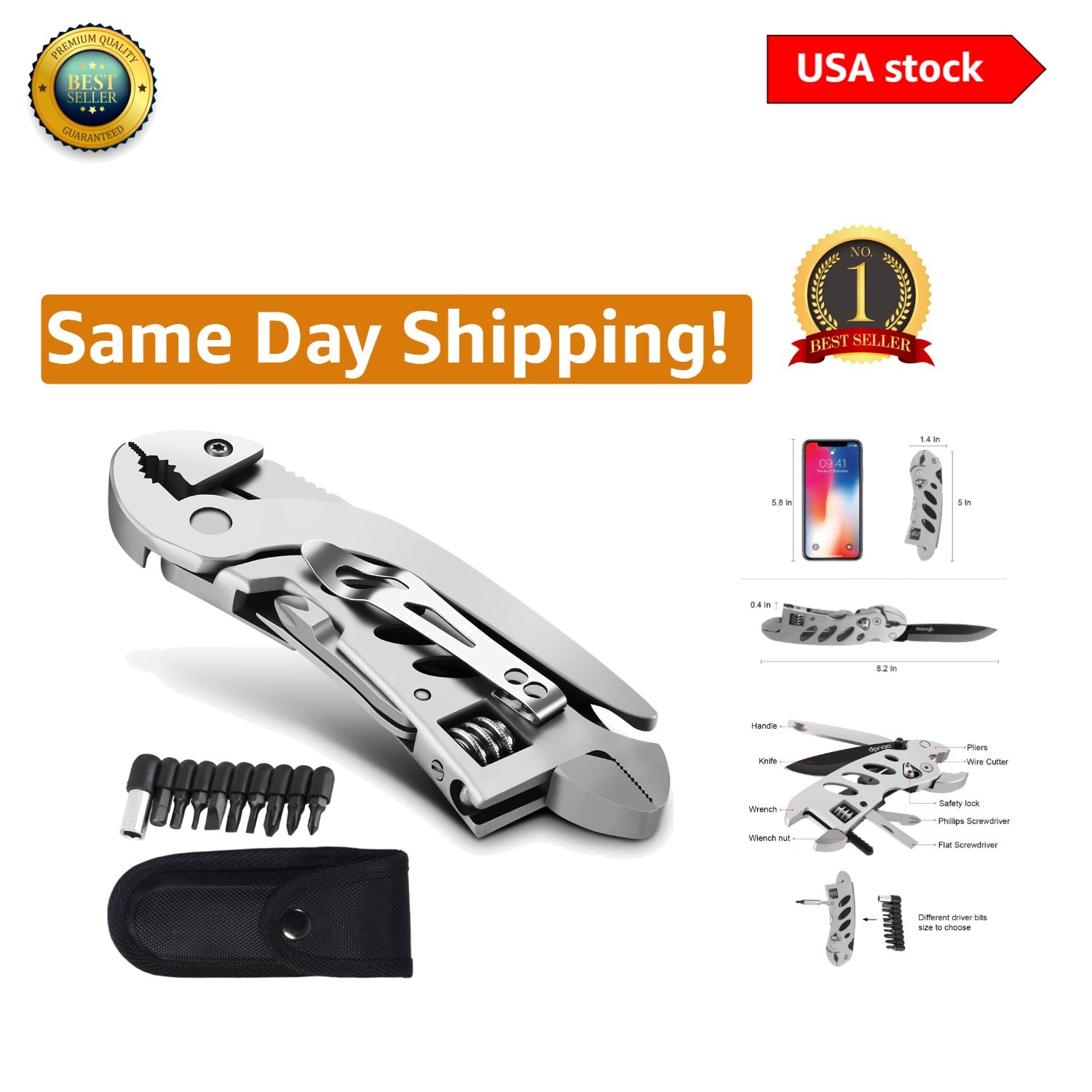 Ergonomic Folding Multitool Wrench with 7 Essential Tools – For Home & Adventure
