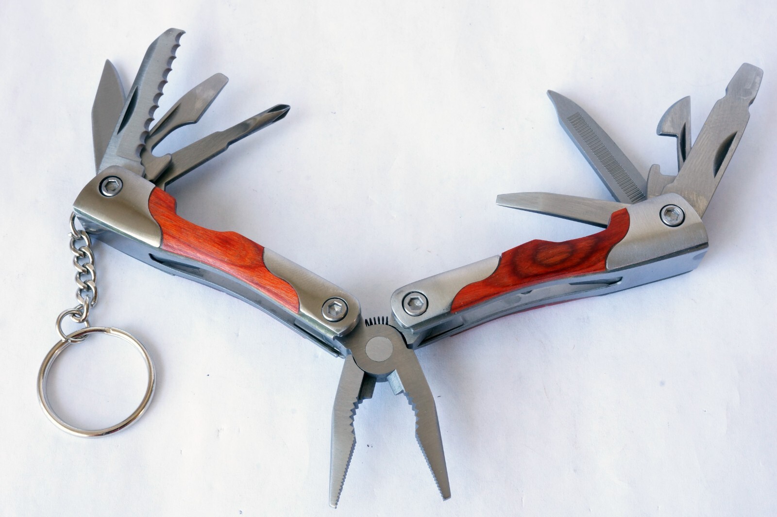 Survival Stainless Steel Multi Tool Plier 9 In 1 Portable Compact Wood Handle