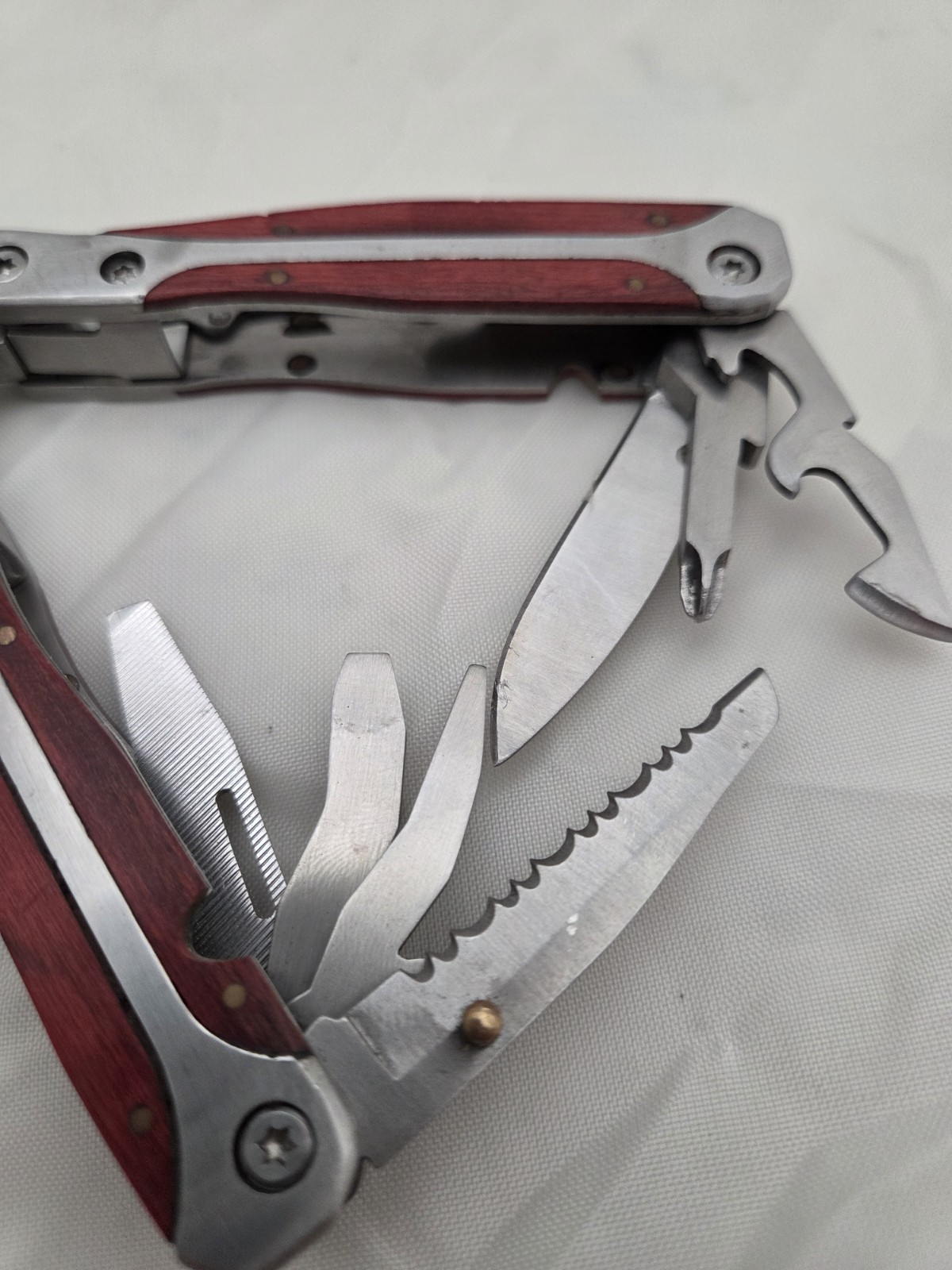 Stainless Steel Leatherman type multi tool with wood trim