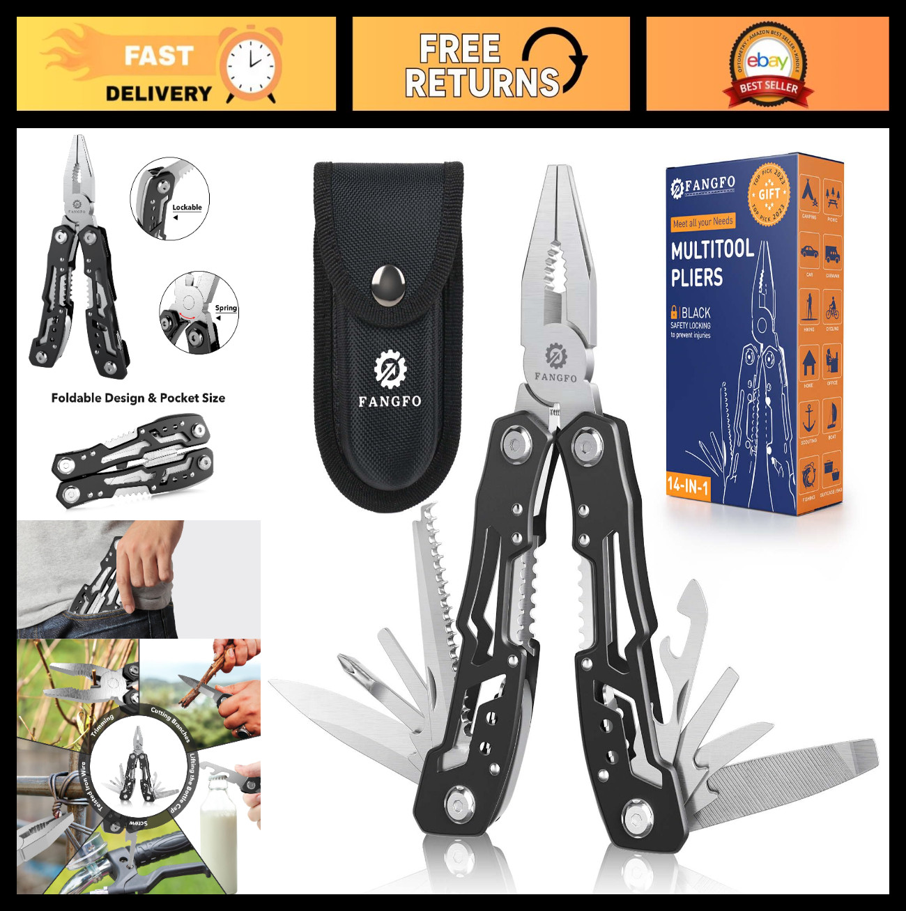 14-in-1 Stainless Steel Multitool with Safety Lock, Pliers, Knife & Sheath – Cam