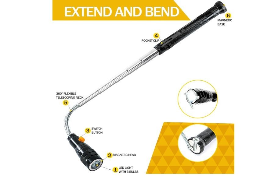 Extendable Telescopic Magnetic Pickup Tool with Bright LED Light & Flexible Neck