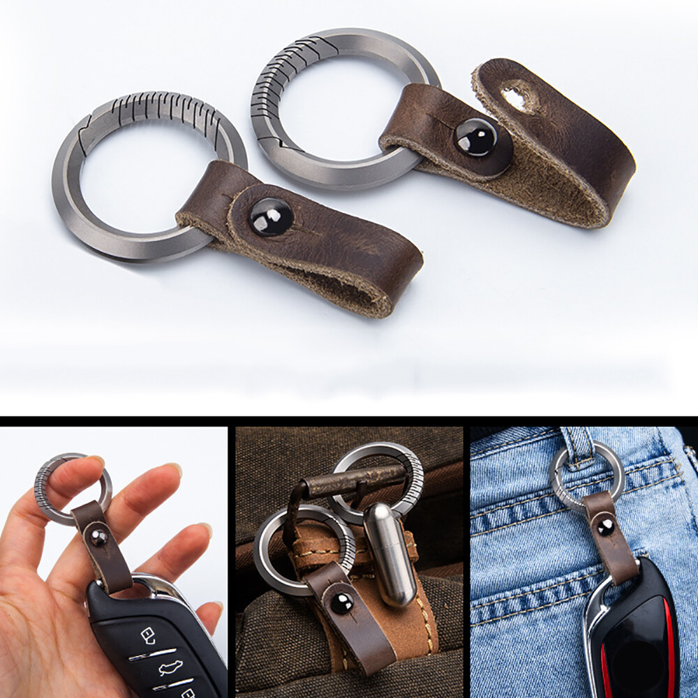 Titanium Alloy+Leather Keychain Kit Portable Removable Key Ring Pendant EDC Tool