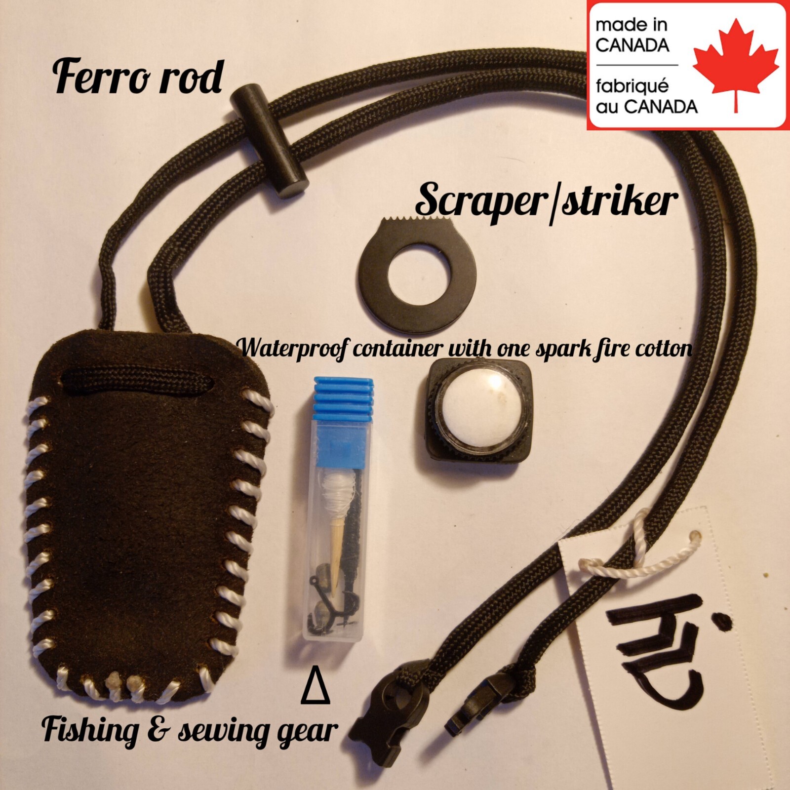 FIRE STARTER MINIMALIST LEATHER POUCH EDC SURVIVAL TOOLS FISHING GEAR & COMPASS