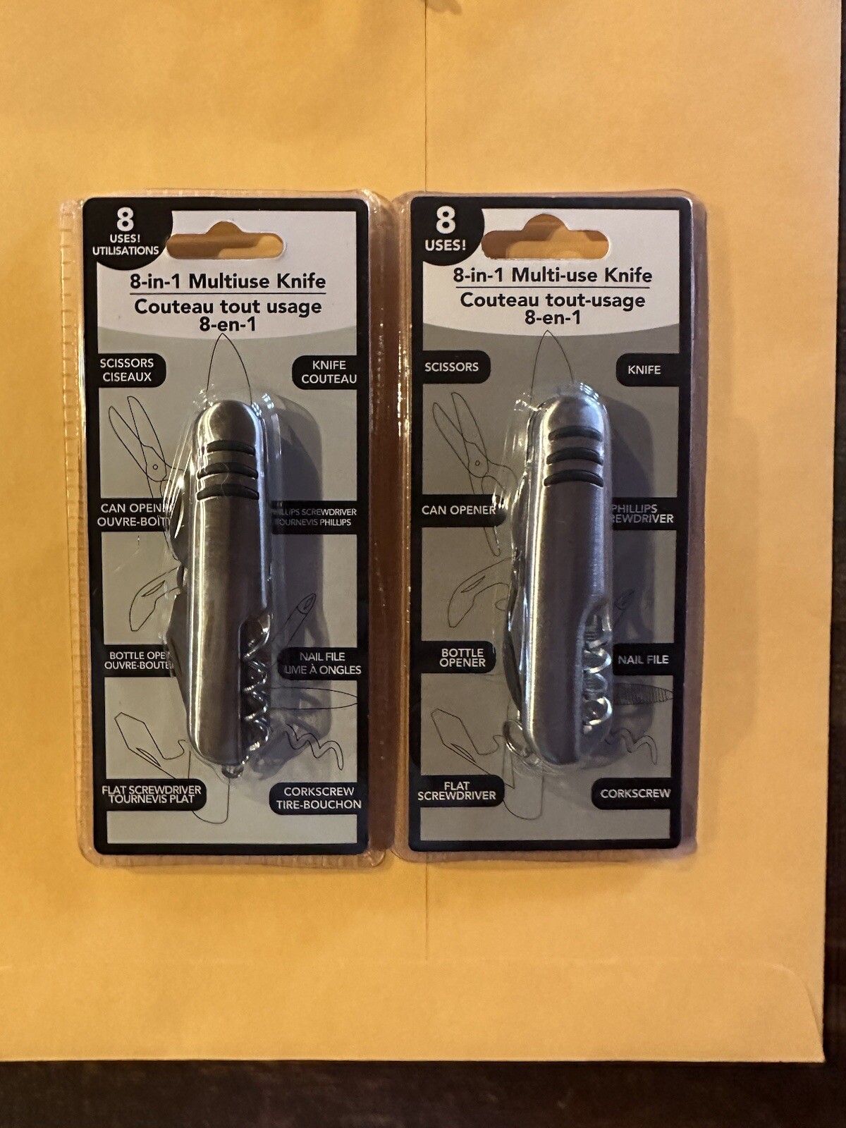 8-IN-1 MULTI USE KNIFE HIKING , CAMPING TOOL BENCH POCKET LOT OF 2 New Sealed