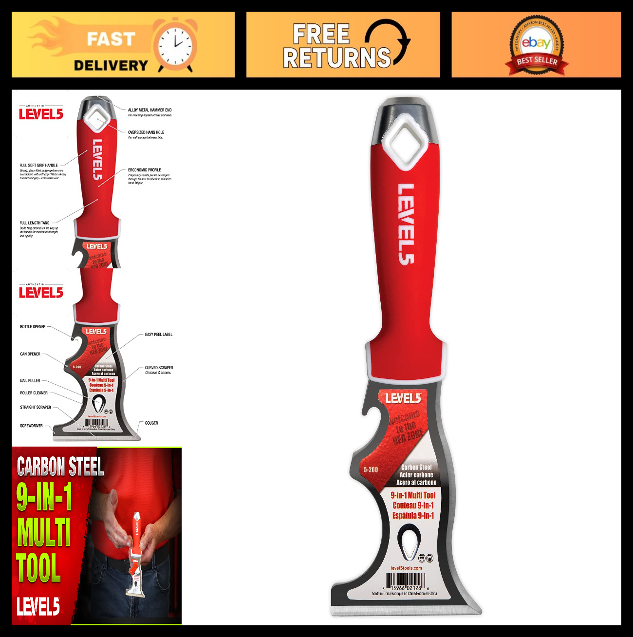 9-in-1 Multi-Use Painter’s Tool – Carbon Steel Knife, Metal Hammer End, Pro Fini