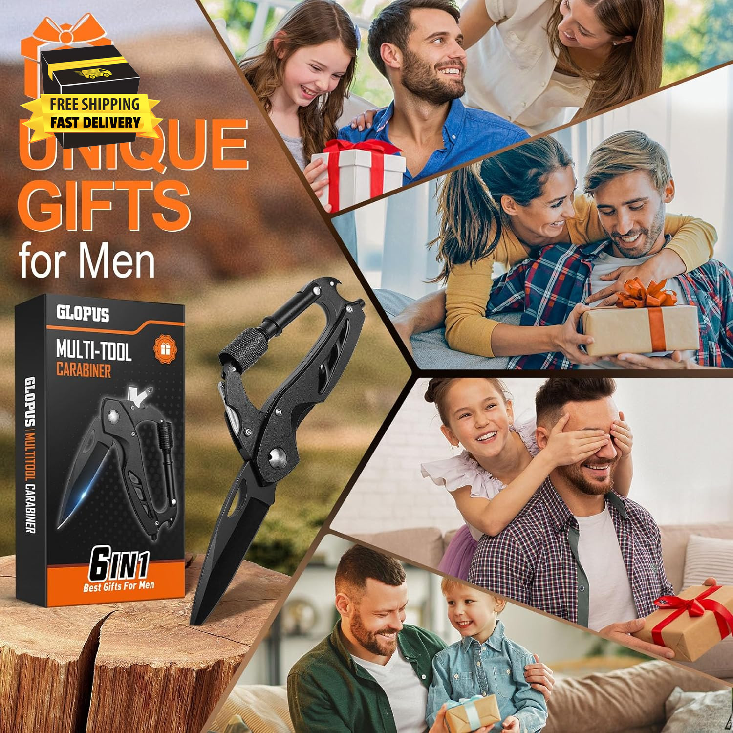 Multitool Carabiner with Pocket Knife, Birthday Gifts for Men Him Boyfriend, EDC