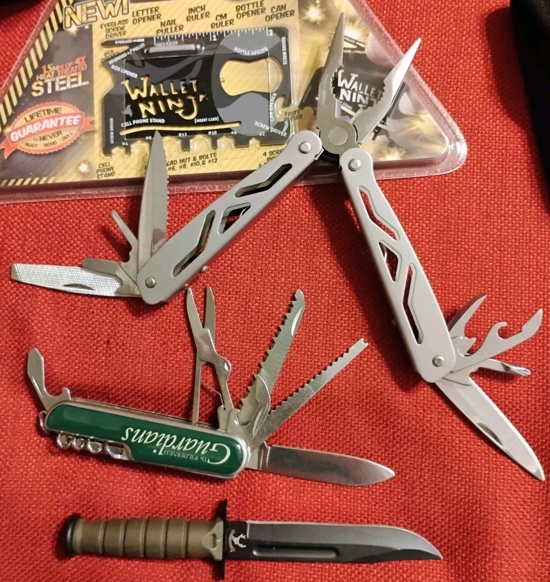 5pc camping EDC lot: wallet Ninja 8×22 binoculars small neck knife & multitools