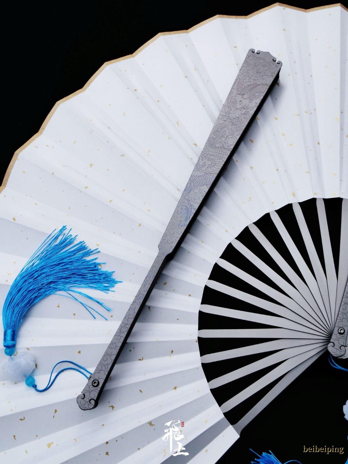 10”Panlong Titanium Alloy Folding Fan Antique Carving Portable KungFu Taiji Fan