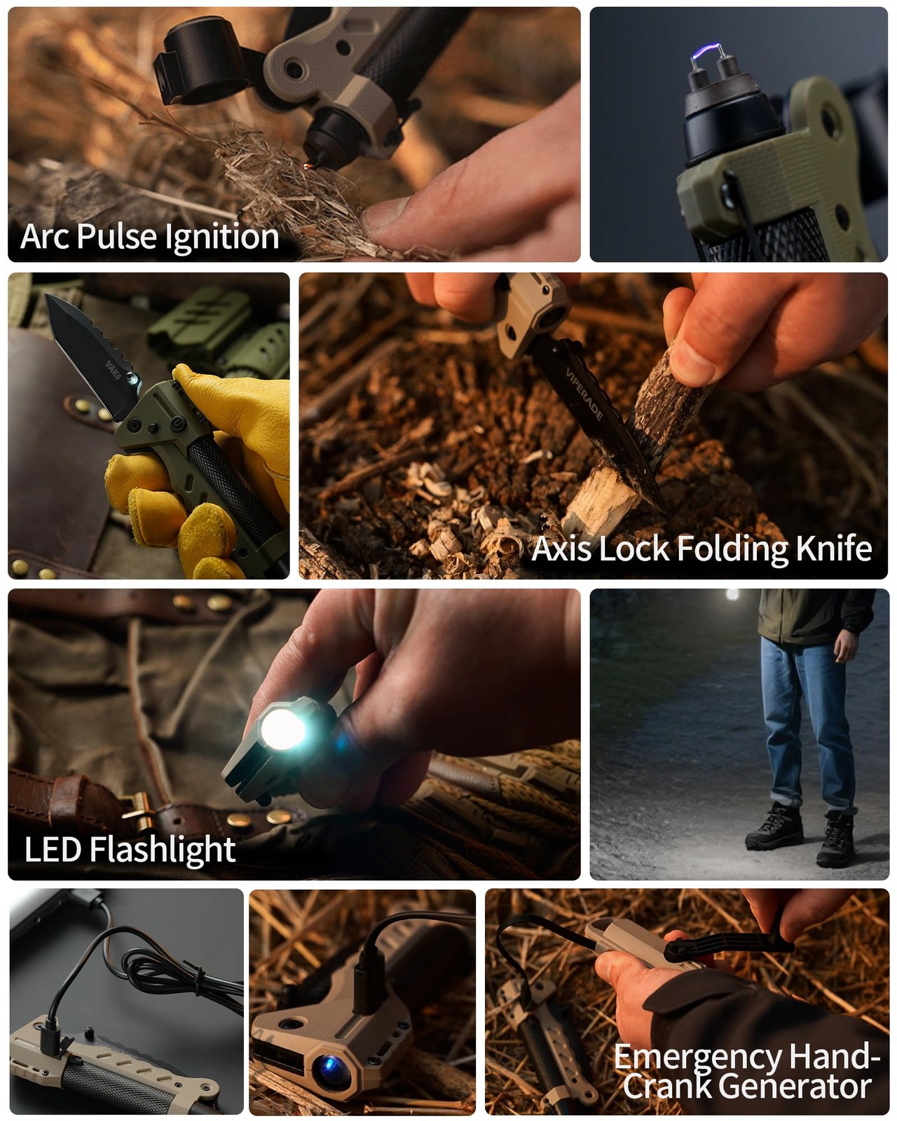 VAK6 Survival Multitool with Folding Knife, LED Flashlight, Pulse Ignition an…
