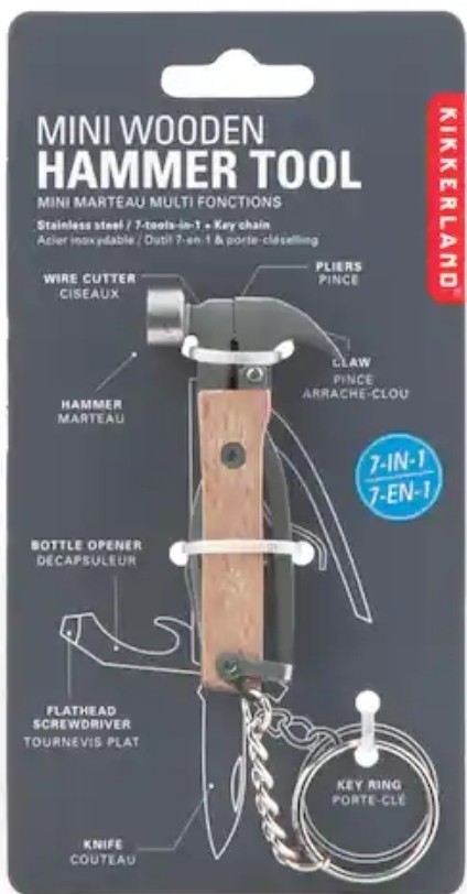 Kikkerland KR13-W Mini Wooden Hammer Tool Keyring 7 in 1 Bottle Opener Knife