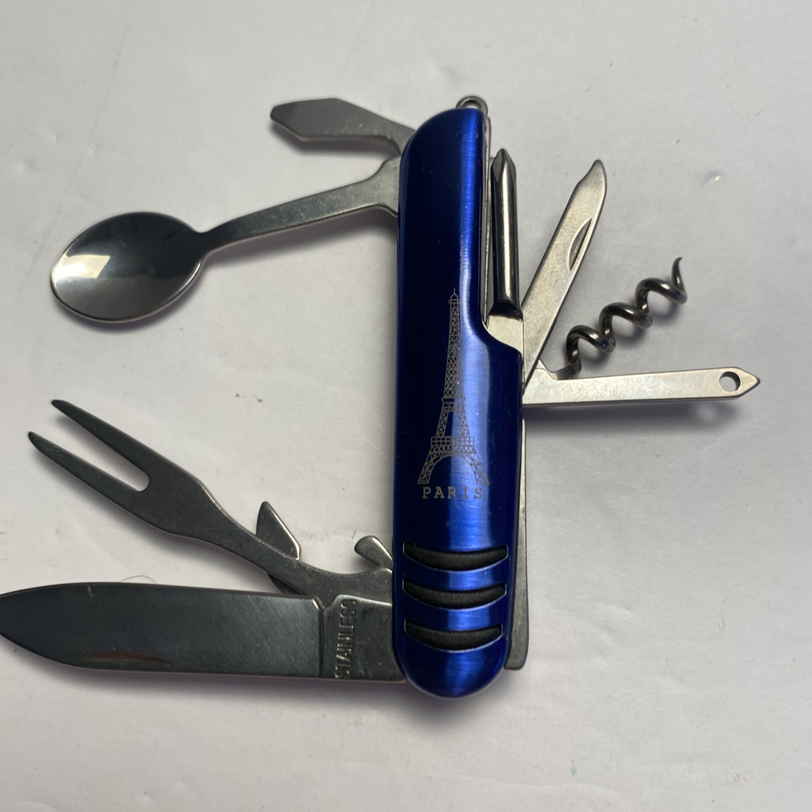 Eiffel Tower Paris Multi Tool SAK Blue Plastic Handle Spoon Fork Knife Corkscrew