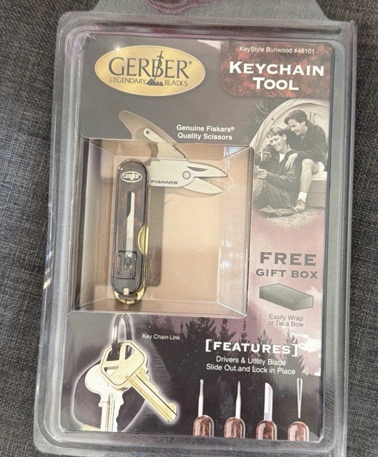 VTG. GERBER KEYSTYLE KEYCHAIN TOOL BURLWOOD DESIGN#48101 PACKAGE NOS
