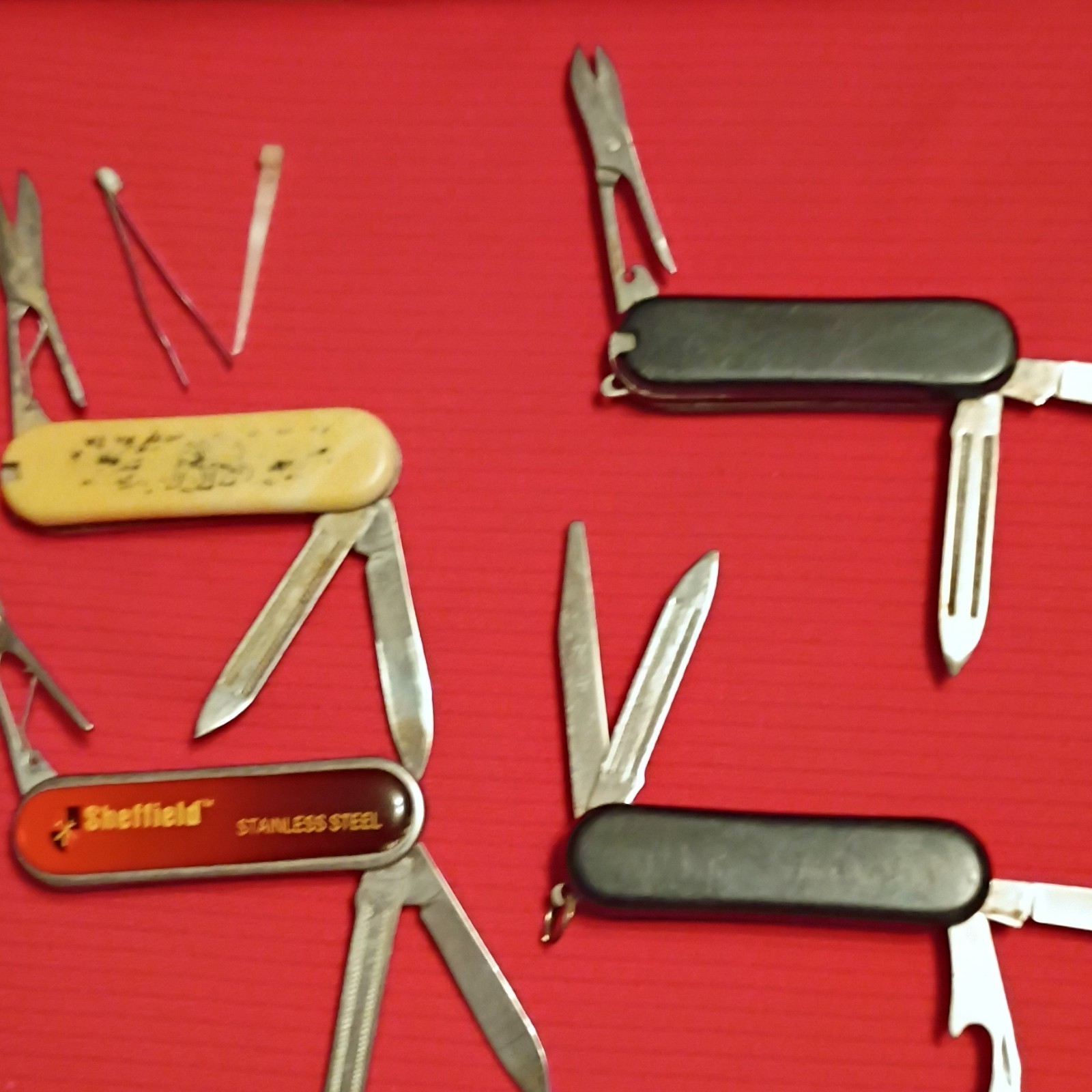 Sheffield Stainless Steel Multi-Tool Pocket Knives Lot Red Black Yellow Scissors
