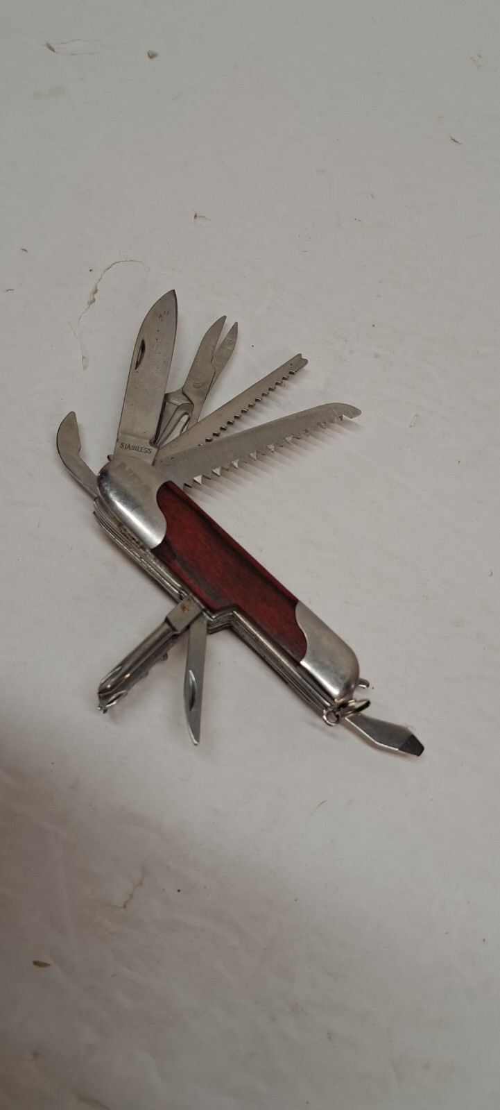 Vintage NRA 11 Multi Tool Knife Scissors Screwdriver Saw Wood Handle 3.5″ Long