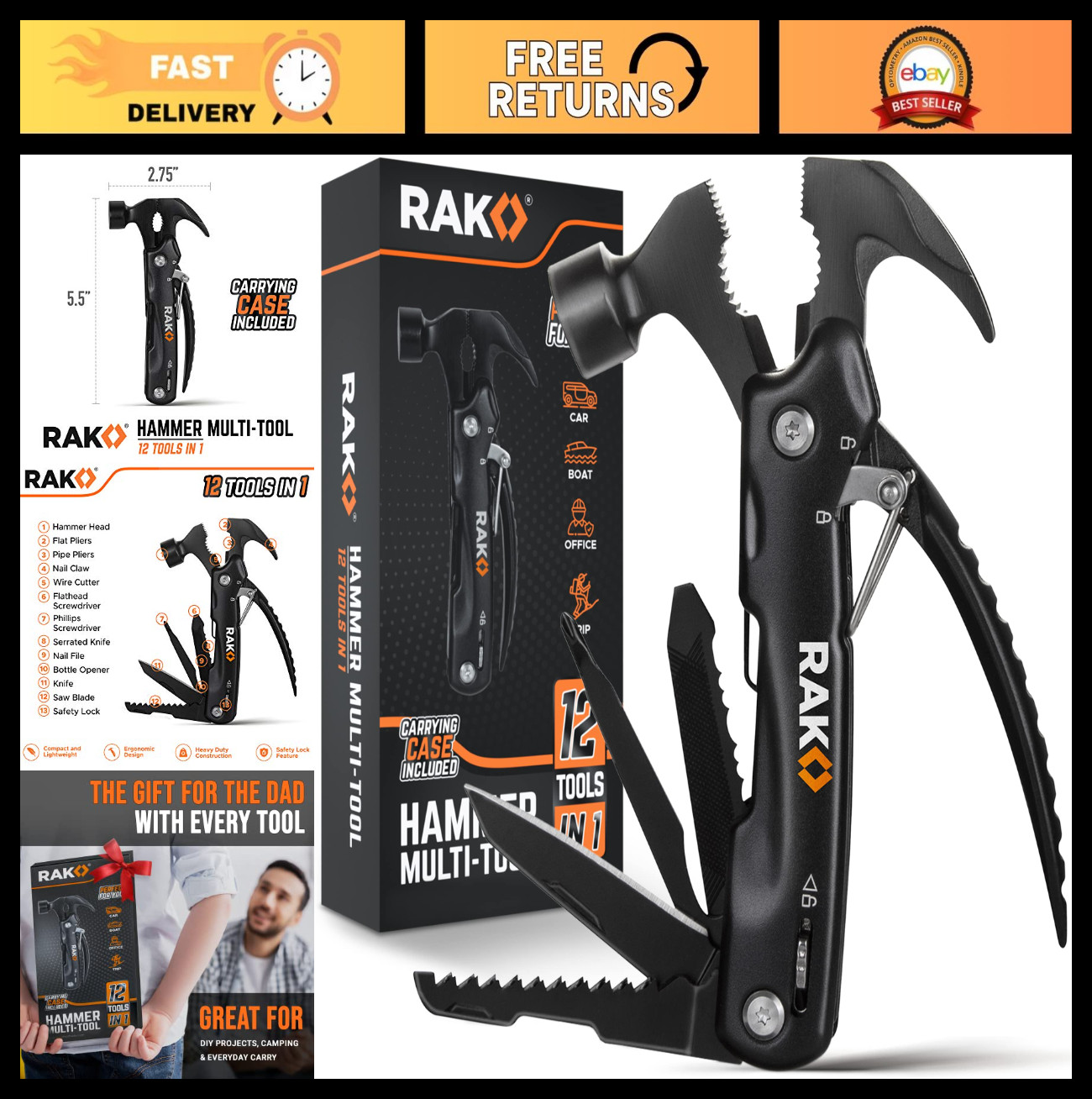 Compact Multitool Hammer – Unique Birthday Gifts for Men – Survival Gear & Campi
