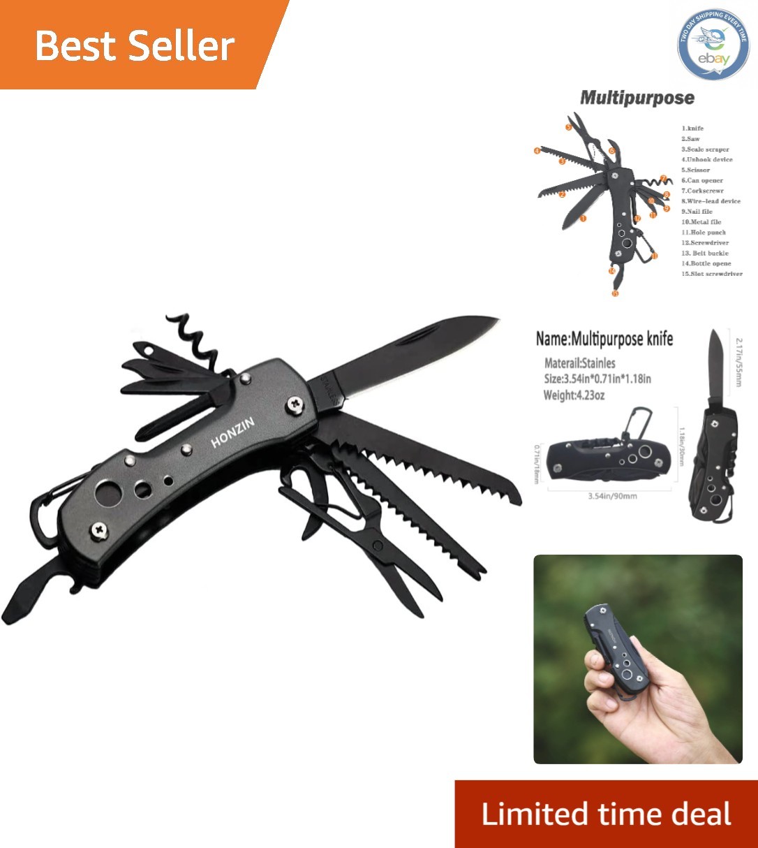 Compact Black 15-in-1 Swiss Multitool Knife for Hiking, Fishing & Everyday Use