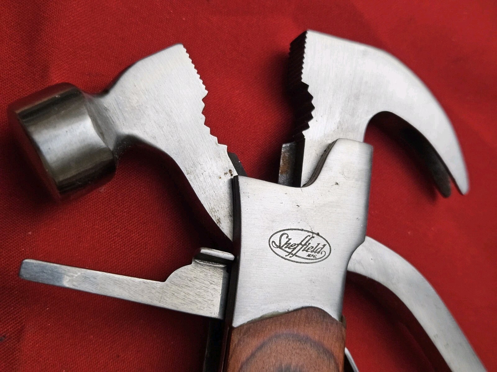 Vtg Sheffield Multi-Tool With Original Case Hammer Pliers Can Opener & More