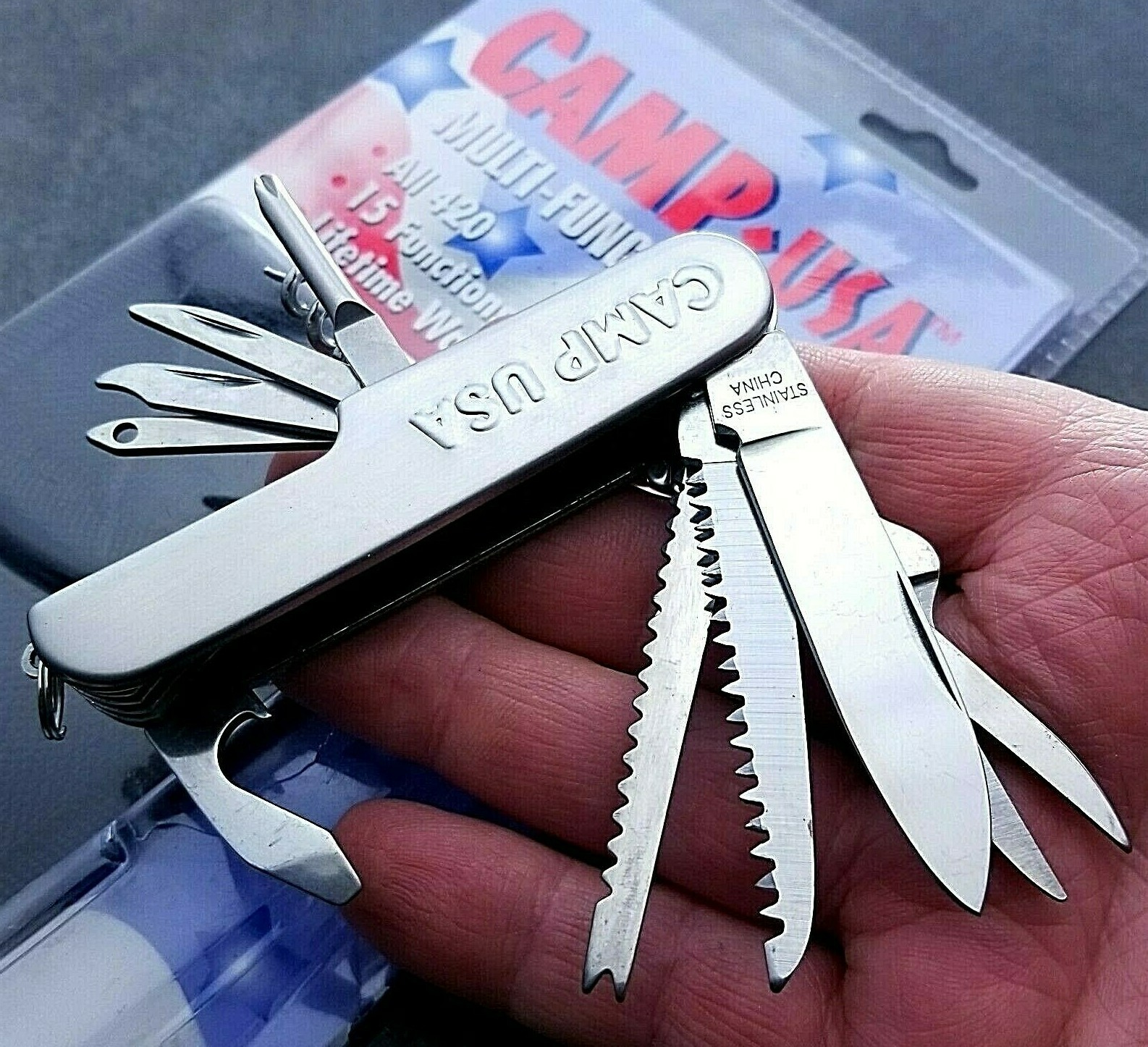 CAMP USA KNIFE KNIVES MADE IN CHINA 1990’S MULTI FUNCTION FOLDING POCKET SHEATH
