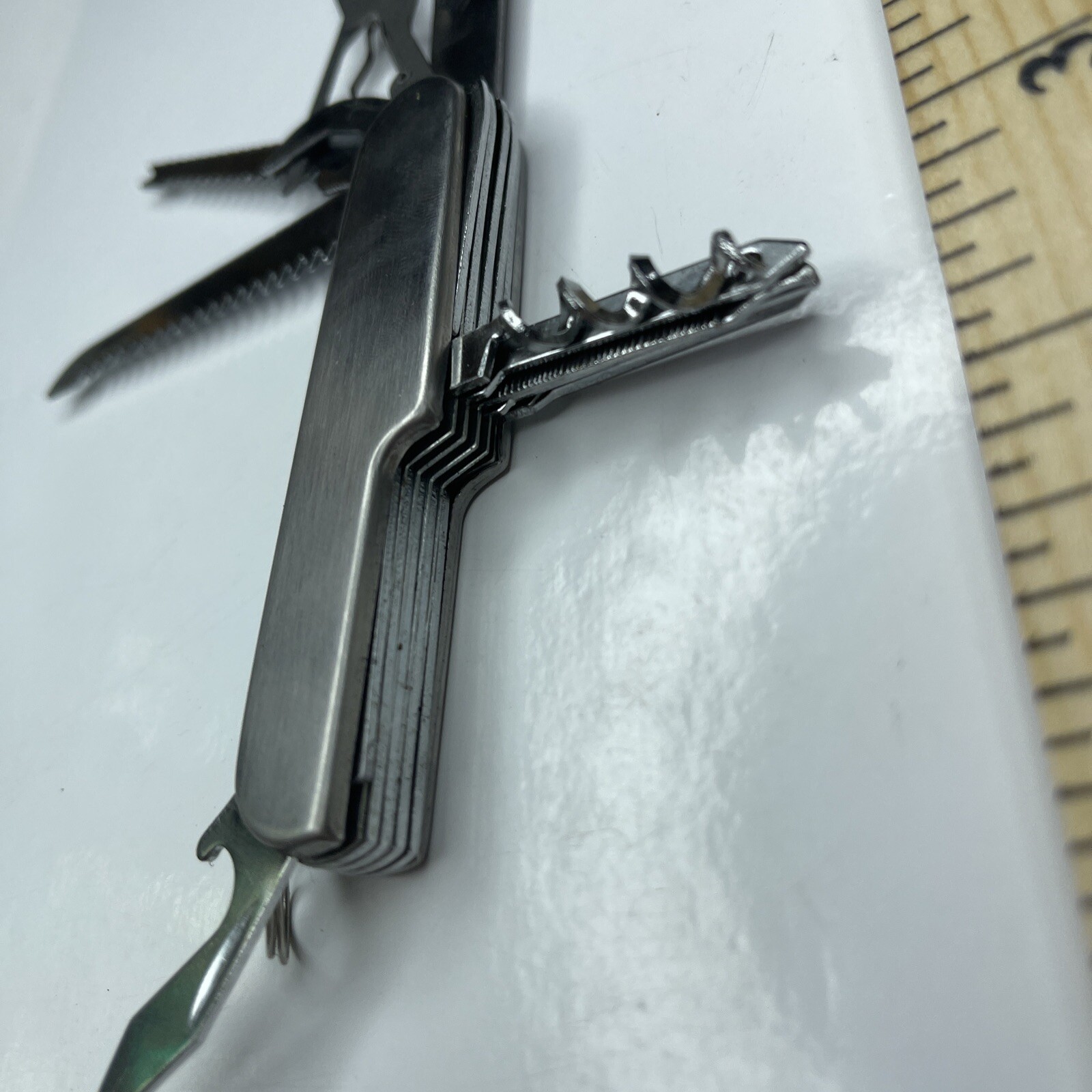 A Silver Tone Folding Utility Pocket Army Knife Stainless Scissors Cork Opener