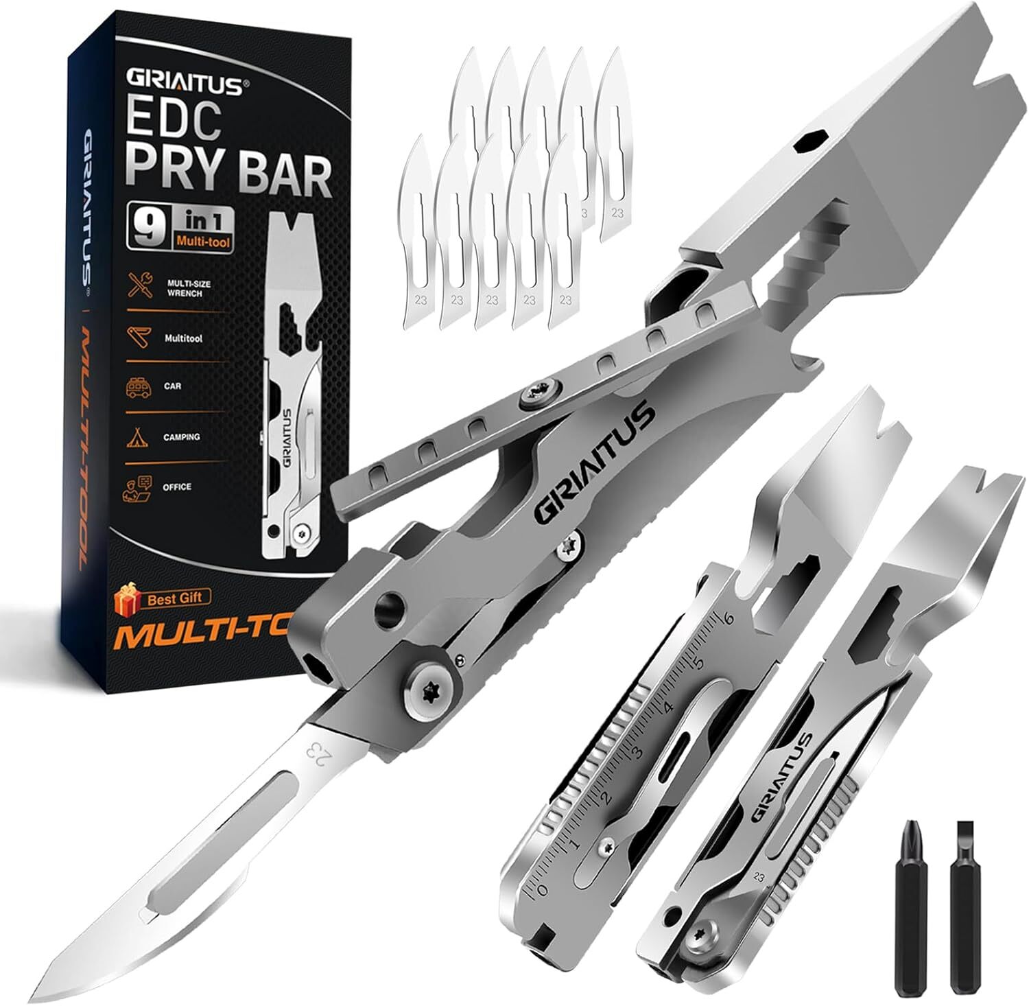 9 in 1Multitool Pry Tool with Small Pocket Knife EDC Pry Bar Opener Nail Puller