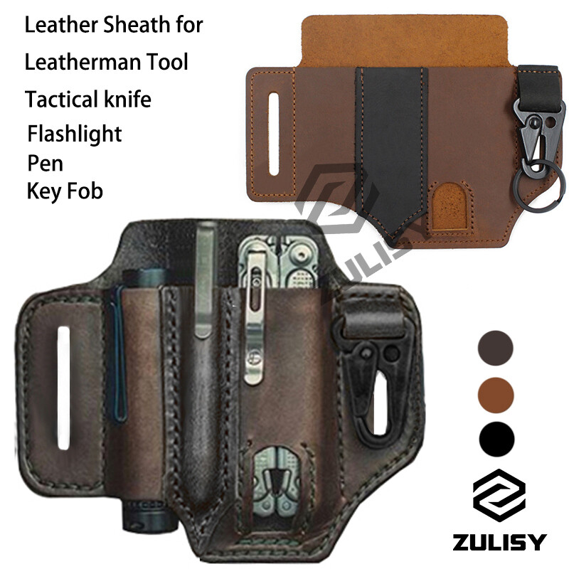 EDC Belt Organizer Leather Sheath for Leatherman Multitool Knife Pen Flashlight