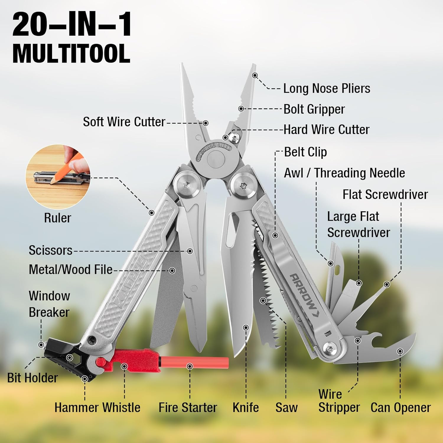 ARROW 20-In-1 Stainless Steel Multitool with Accessories for Outdoor Survival