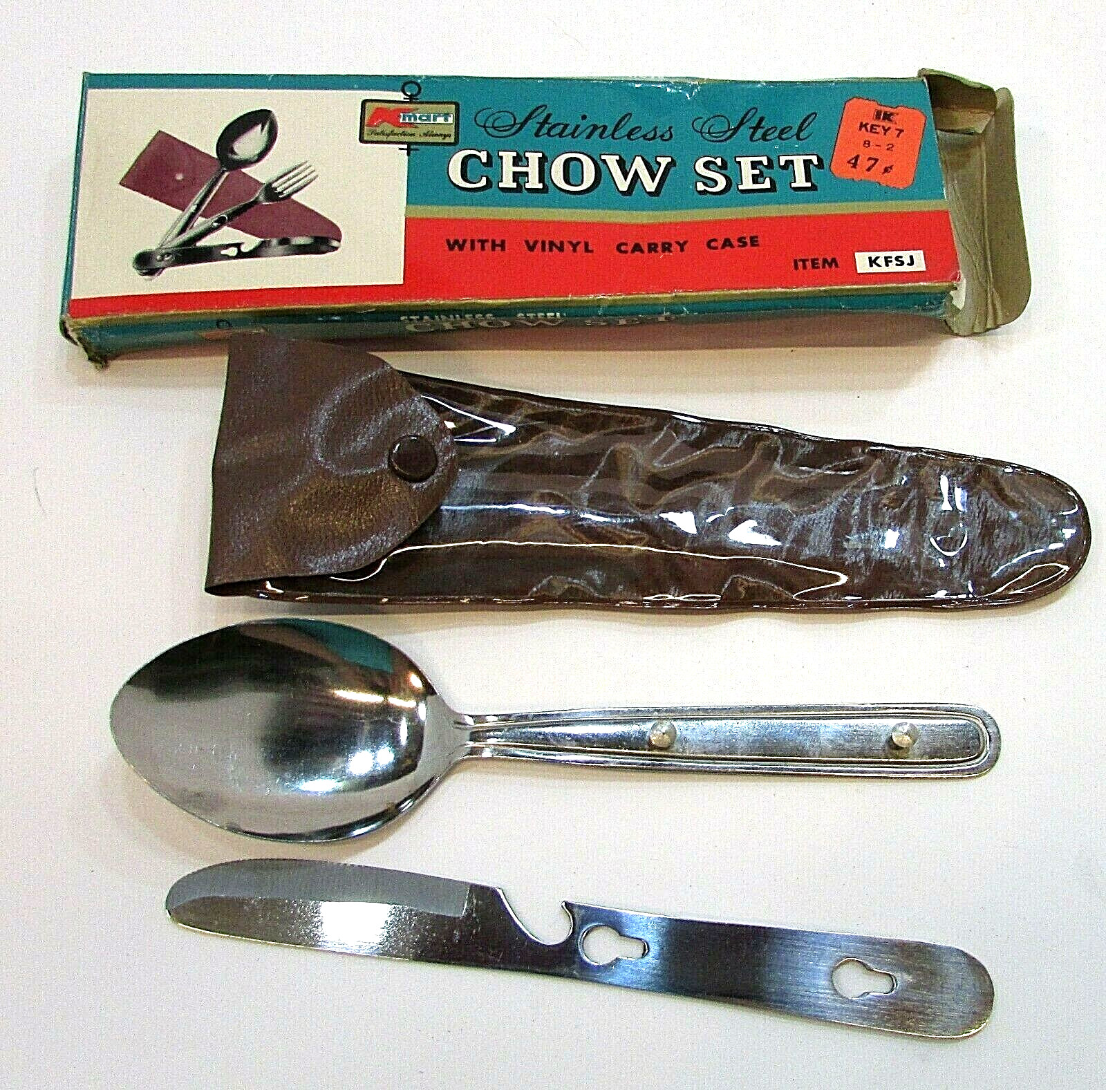 Vintage 1960’s Kmart Stainless Steel Chow Camping Set w Spoon Knife Vinyl Case