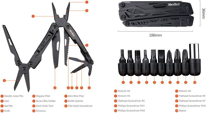 NexTool Black Knight Multi Tool ~12 Varied Tools Aluminum Handles 4.25″ Closed