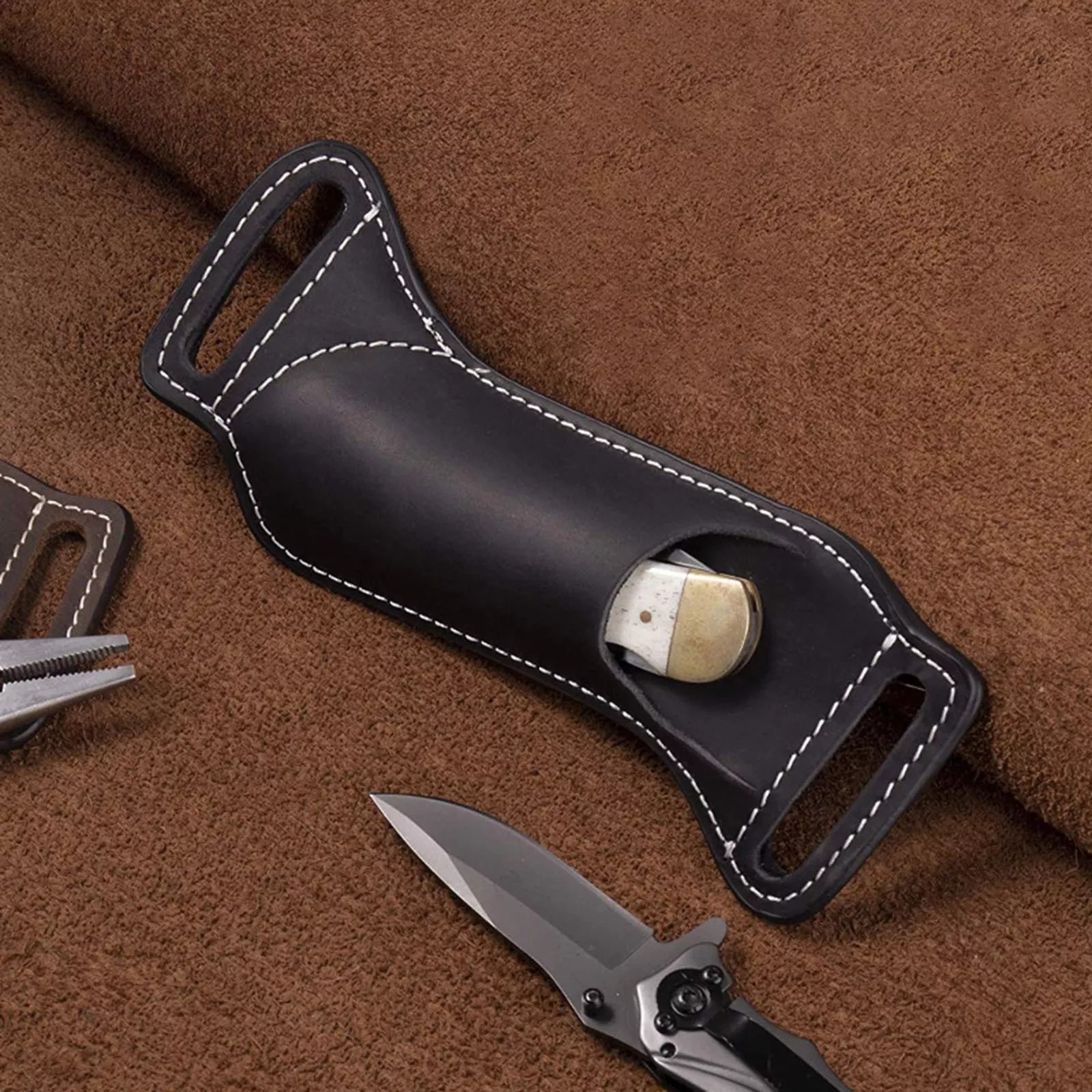 PU leather sheath, foldable, for tools, knife holder, bag with belt loop