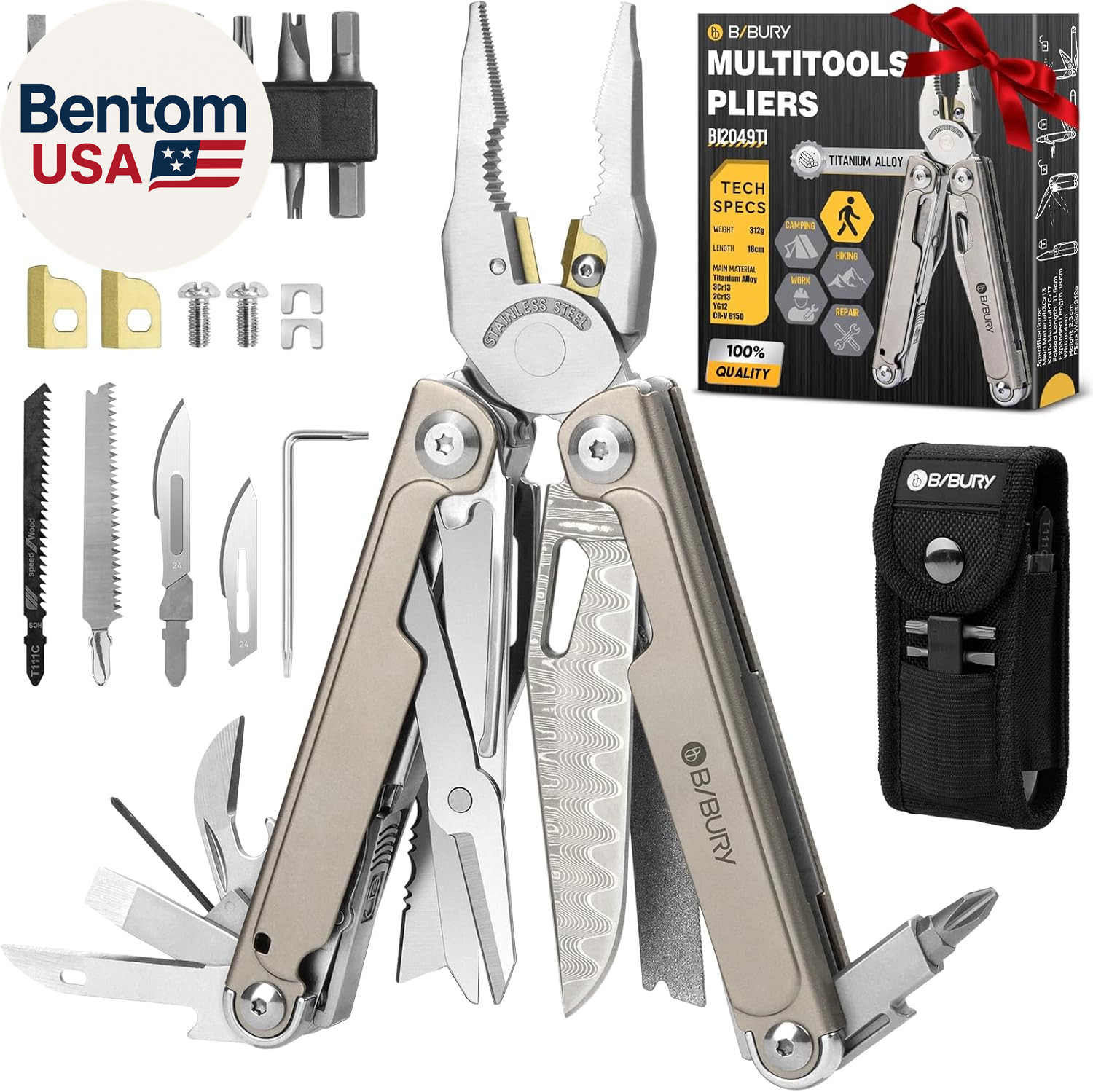 Titanium Alloy Multitool with Damascus Knife, EDC Multi Tools with Replaceable W