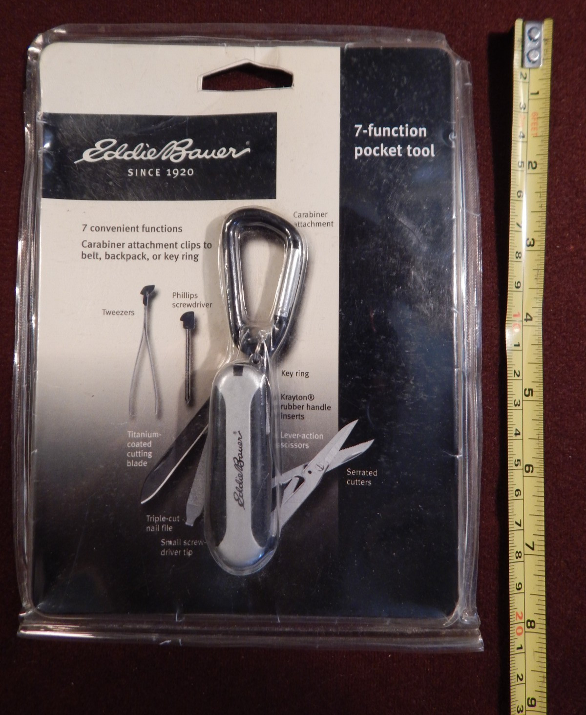 Eddie Bauer 7-Function Pocket Tool Knife, Screwdrivers, Scissors, Carabiner New
