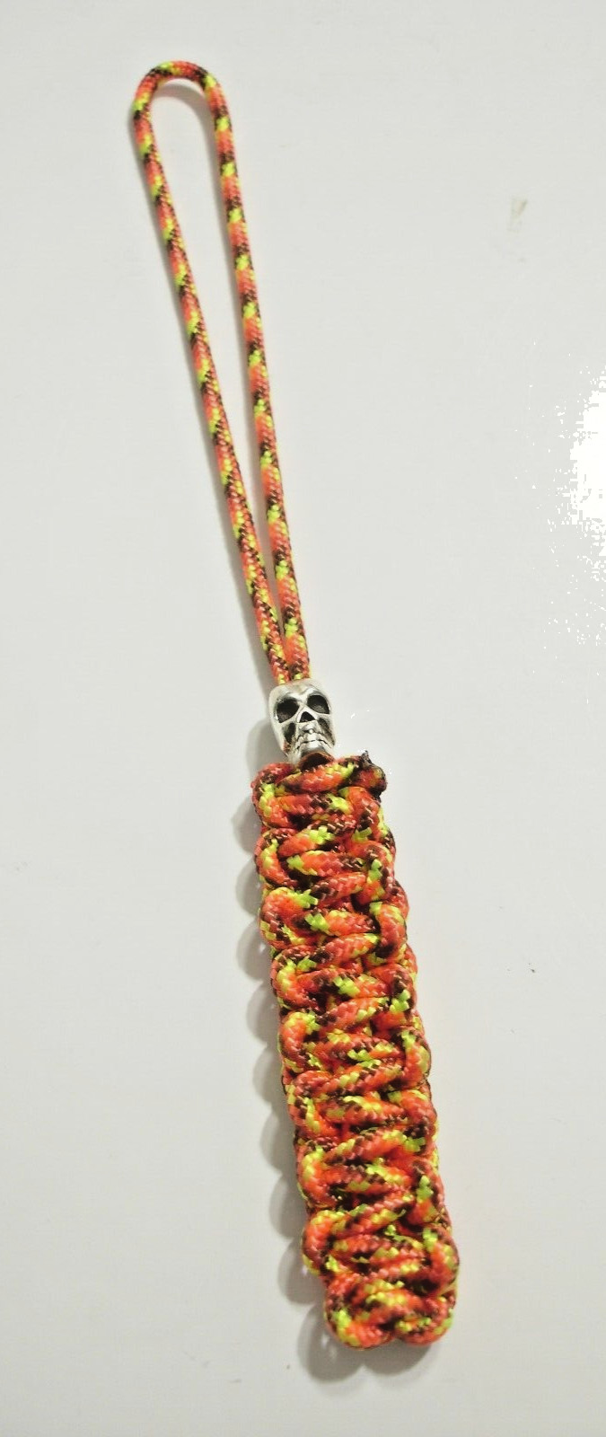 Handmade in USA Paracord Knife Lanyard Keychain “Fire” Color w/ Metal Skull Bead