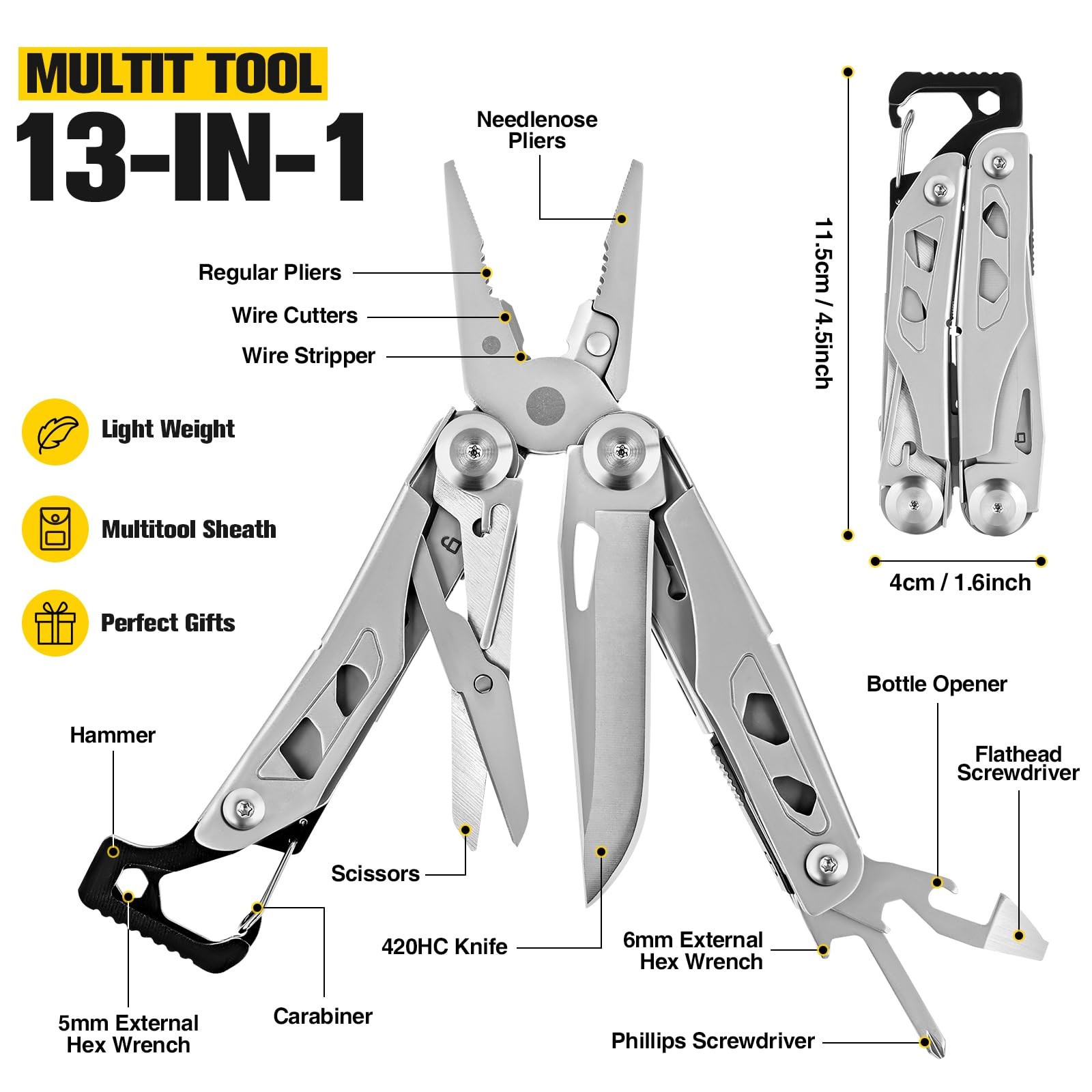Multitool Pliers, 13 in 1 Multipurpose Plier with Carabiner, ASTM 420 Portabl…