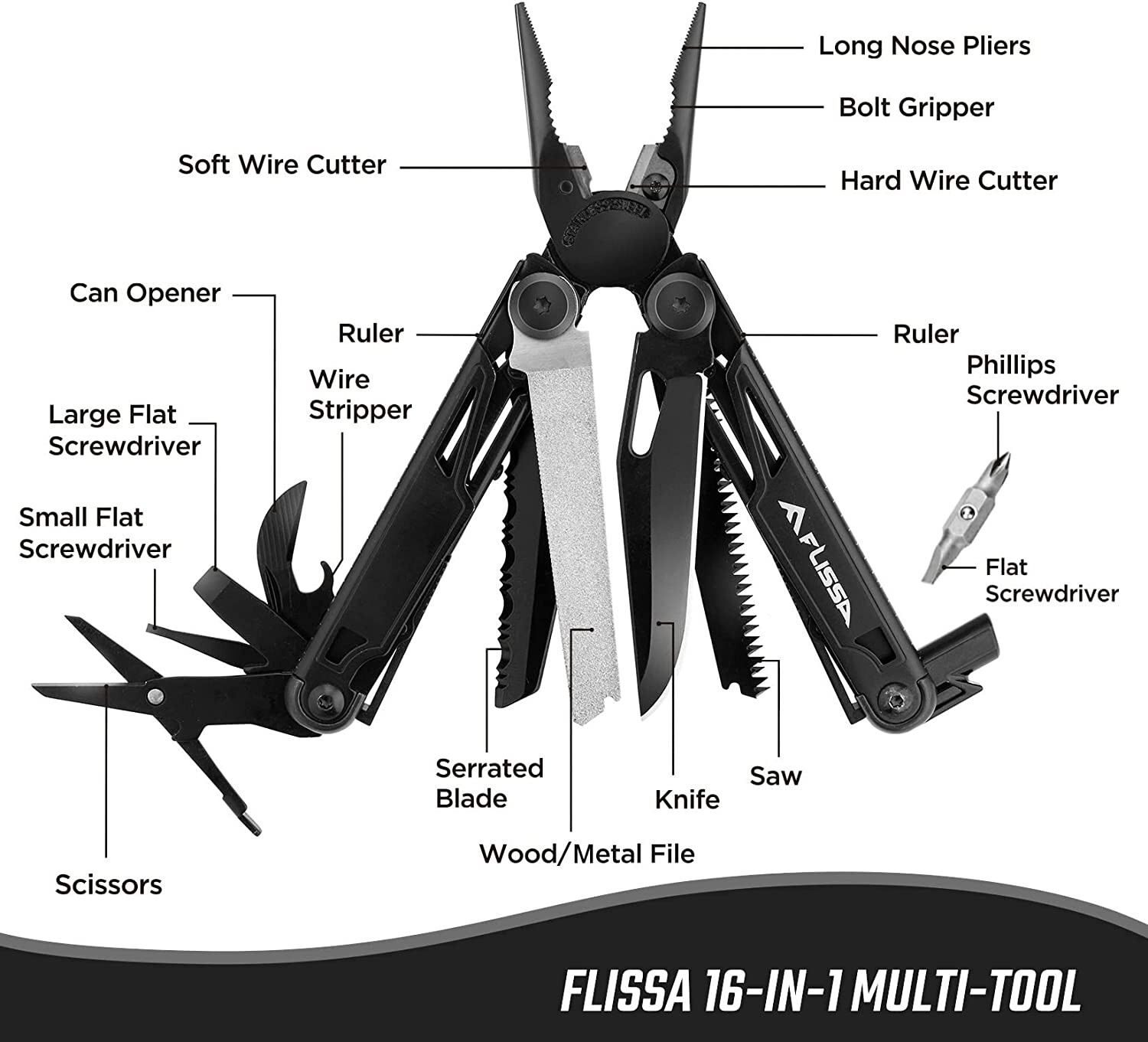 Multitool 16-in-1 Multitool Plier Folding Pocket Tool Pw/Sheath Black/Sliver NEW