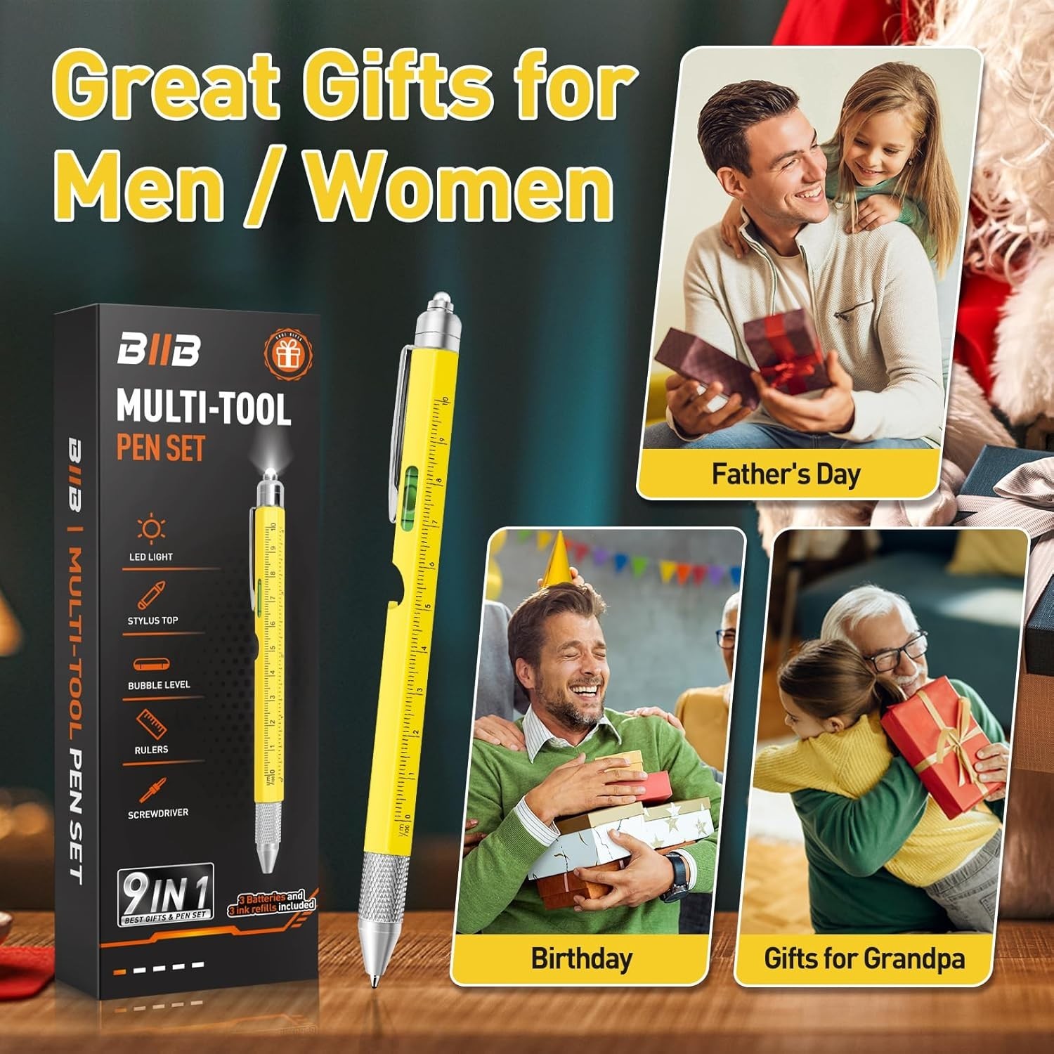 BIIB Fathers Day Dad Gifts for Dad Husband, 9 in 1 Multitool Pen, Mens Gifts for
