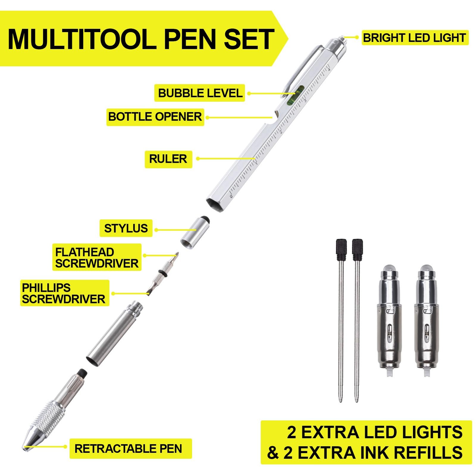 9 in 1 Multitool Pen Set Tools Gadgets for Men Dad Husband Grandpa Silver