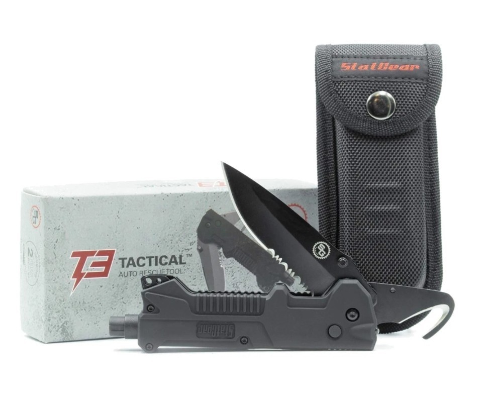 T3 Tactical Knife with Glass Puncher, LED Light & Seatbelt Cutter Rescue Tool