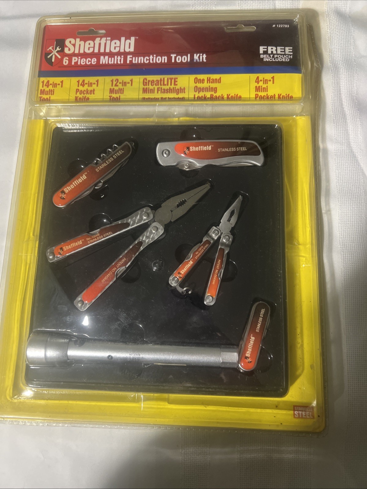 NIP Sheffield Brand NOS 6 Pc Tool Kit 3 Pocket Knife 2 Multi Tool & Flashlight