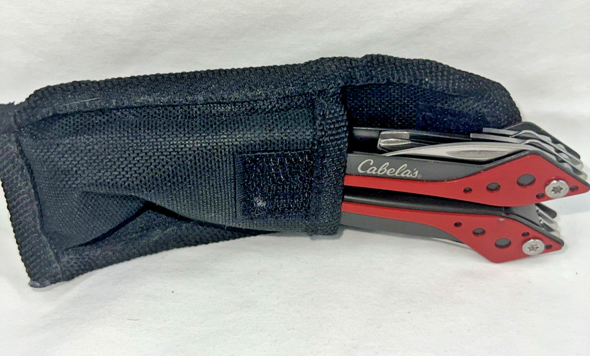 Cabela’s Multitool Red Pliers Screwdriver Knife Utility Pocket Tool Folded 3″