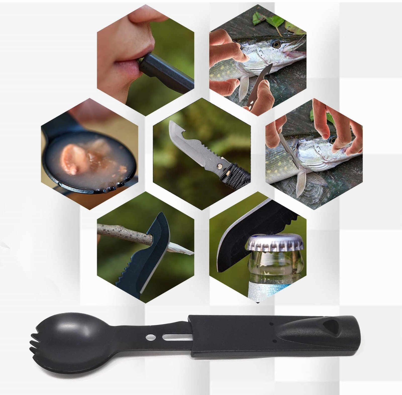 Camping Utensil 7 in 1 Multi-Function Fork Spoon Stainless Steel Survival Tool